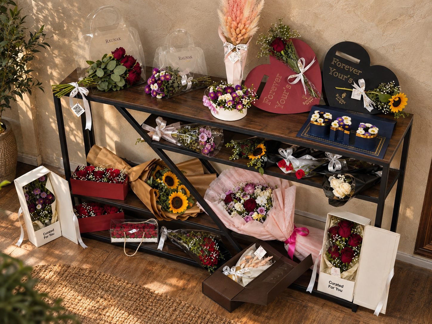 A shop display of bouquets, gift boxes and dried stems