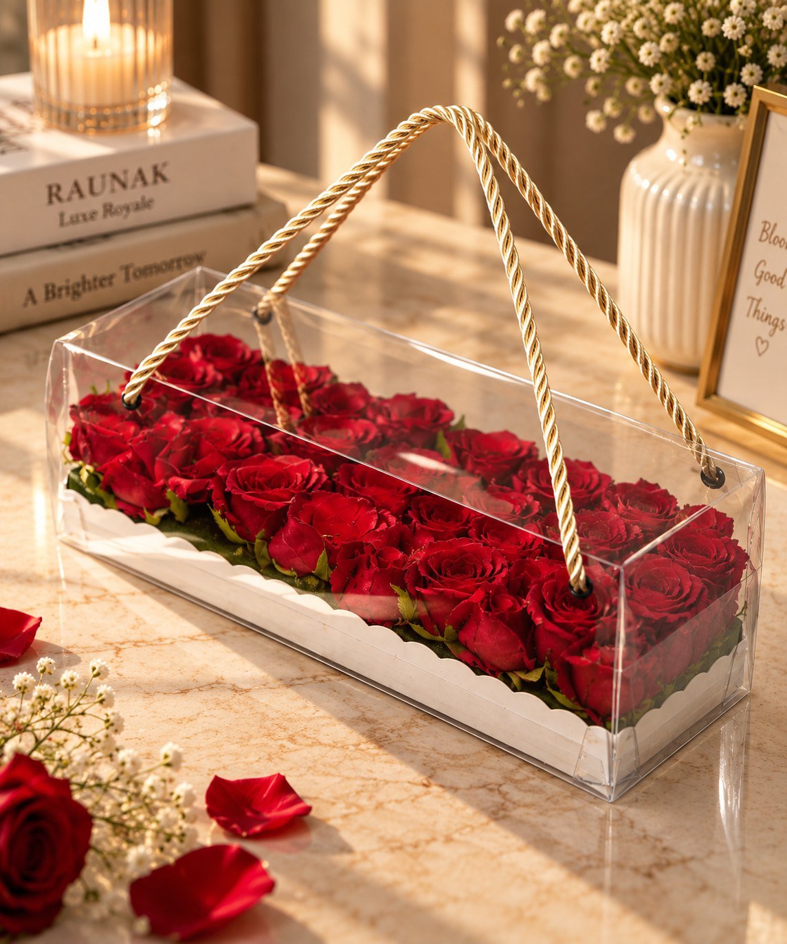 Signature Bloom Carry Box – Small — Standard Flowers · Without Chocolates · Custom Colour